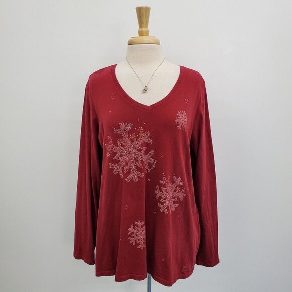 Life Is Good Womens Snowflake Long Sleeve Crusher Tee Size XL Maroon Red V-Neck - Picture 1 of 14